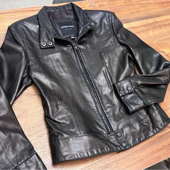 Andrew Marc New York soft black leather Racer Moto Jacket Snap Collar Size S - Picture 3 of 7